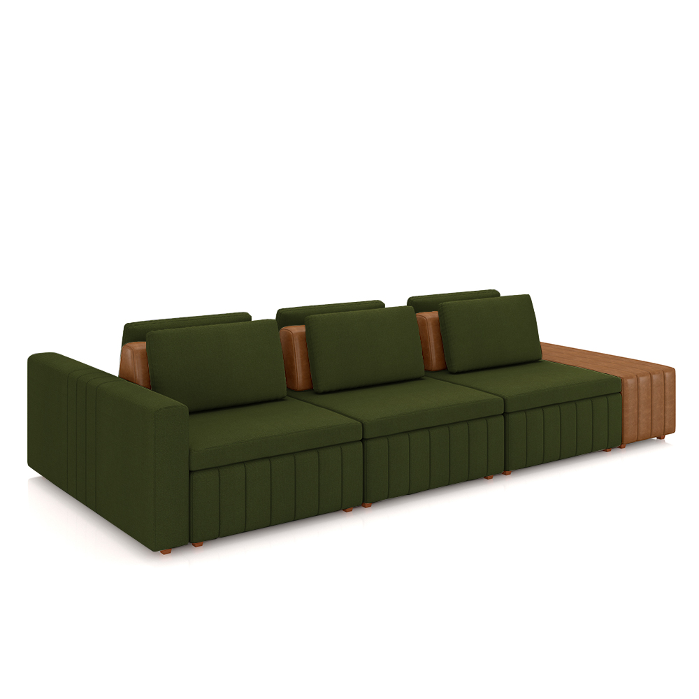 Sofá Ilha com Encosto e Almofadas Móveis Olimpo 395cm Modulado Linho/PU Verde/Caramelo G45 - Gran Belo