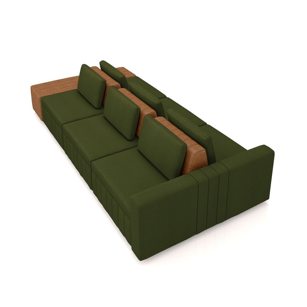 Sofá Ilha com Encosto e Almofadas Móveis Olimpo 395cm Modulado Linho/PU Verde/Caramelo G45 - Gran Belo