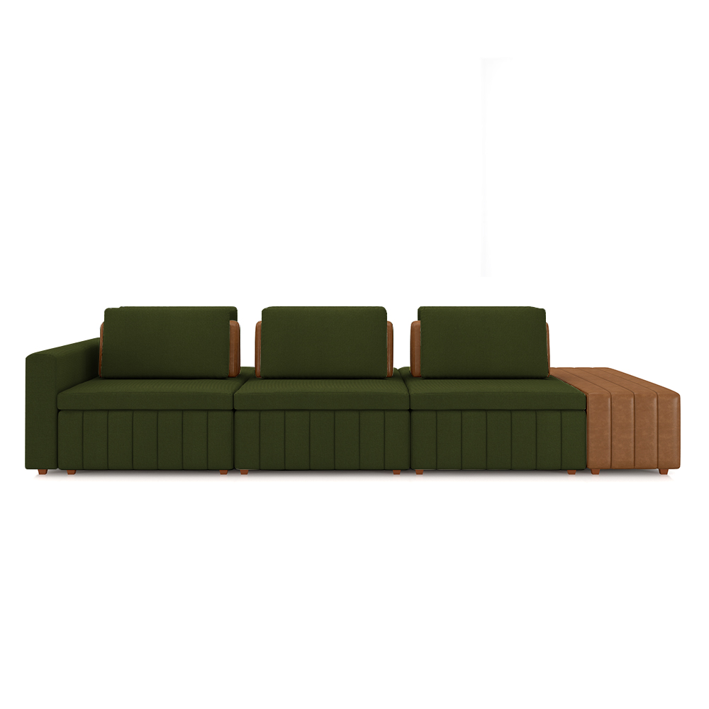 Sofá Ilha com Encosto e Almofadas Móveis Olimpo 395cm Modulado Linho/PU Verde/Caramelo G45 - Gran Belo
