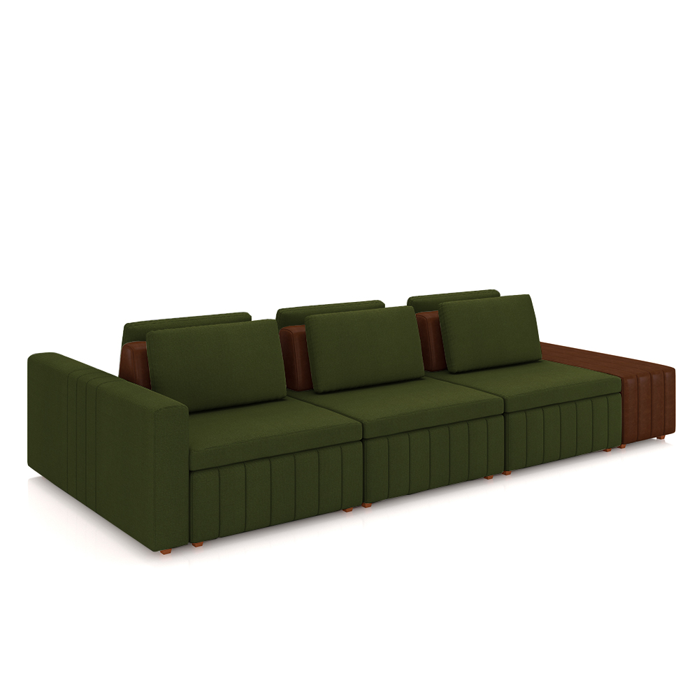 Sofá Ilha com Encosto e Almofadas Móveis Olimpo 395cm Modulado Linho/PU Verde/Marrom G45 - Gran Belo