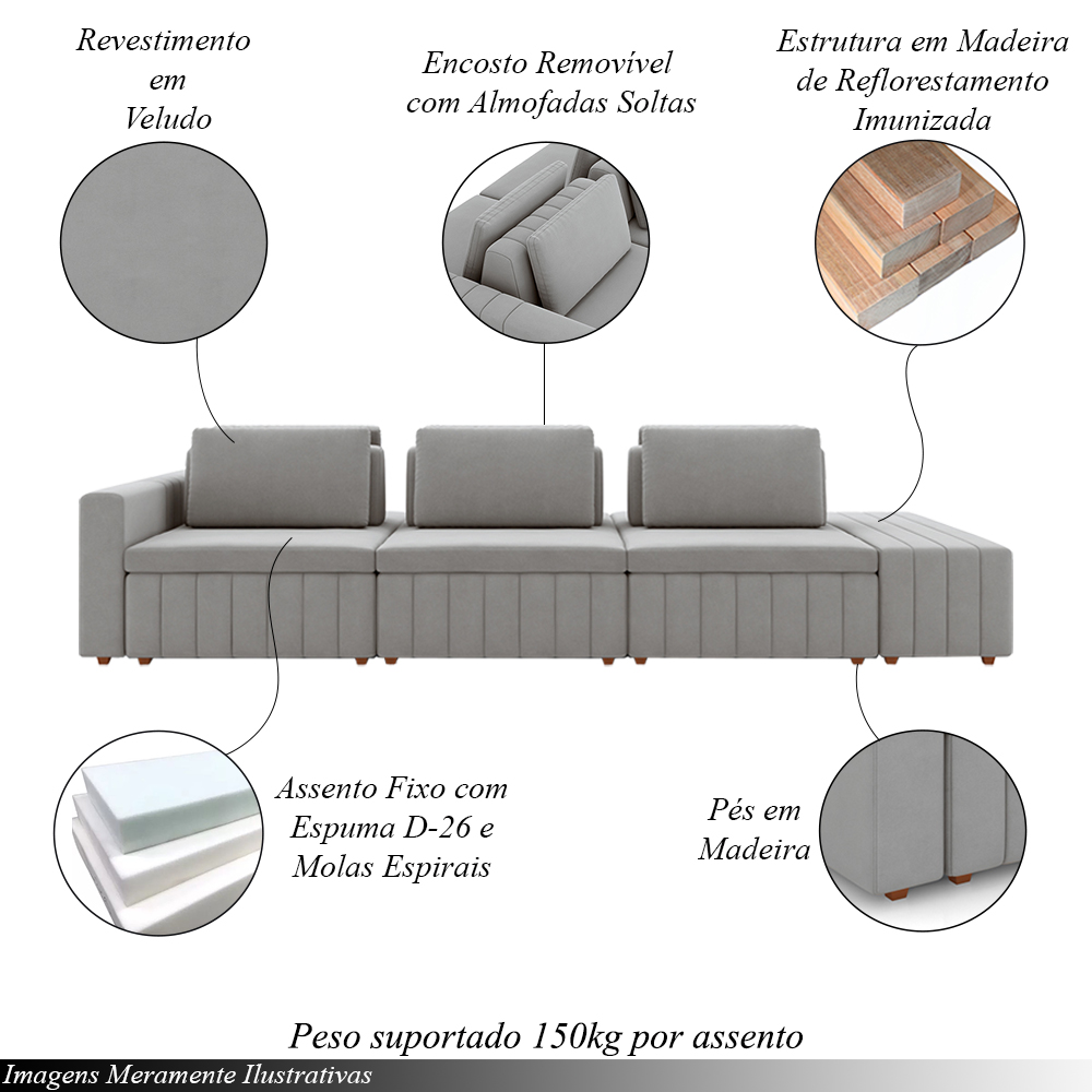 Sofá Ilha com Encosto e Almofadas Móveis Olimpo 395cm Modulado Veludo Cinza G45 - Gran Belo