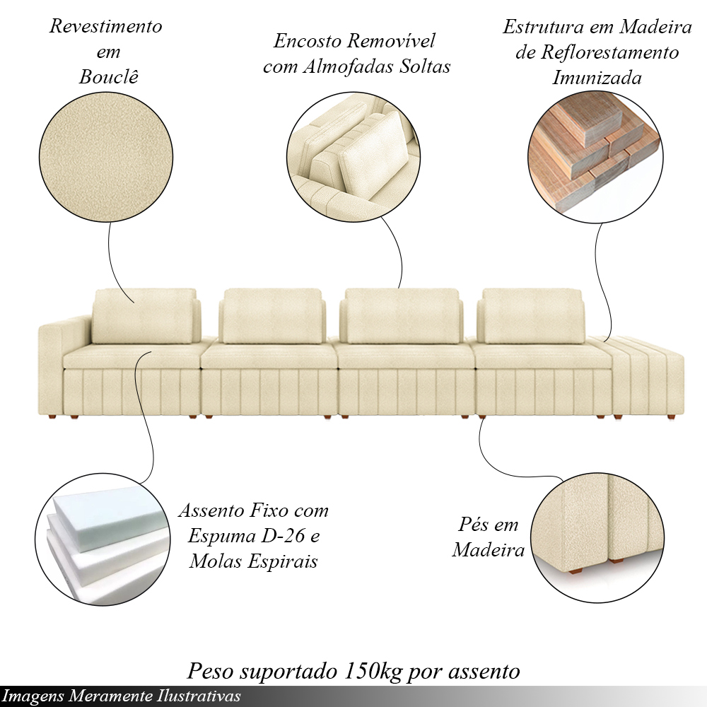 Sofá Ilha com Encosto e Almofadas Móveis Olimpo 425cm Modulado Bouclê Off White G45 - Gran Belo