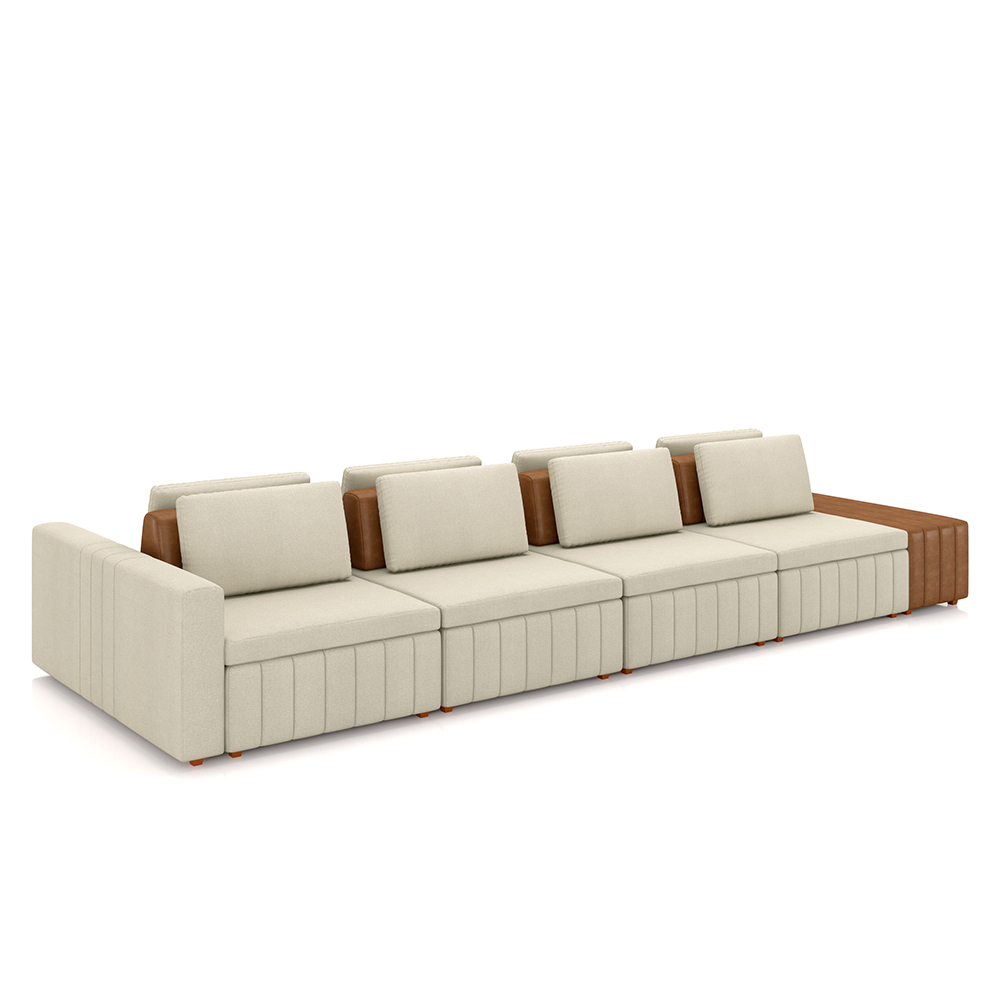 Sofá Ilha com Encosto e Almofadas Móveis Olimpo 425cm Modulado Linho/PU Bege/Caramelo G45 - Gran Belo
