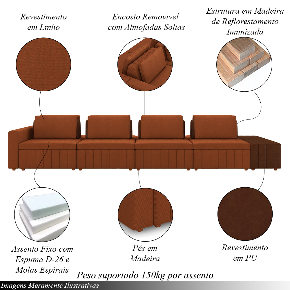 Sofá Ilha com Encosto e Almofadas Móveis Olimpo 425cm Modulado Linho/PU Terracota/Marrom G45 - Gran Belo