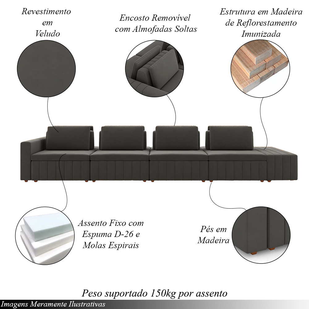 Sofá Ilha com Encosto e Almofadas Móveis Olimpo 425cm Modulado Veludo Grafite G45 - Gran Belo