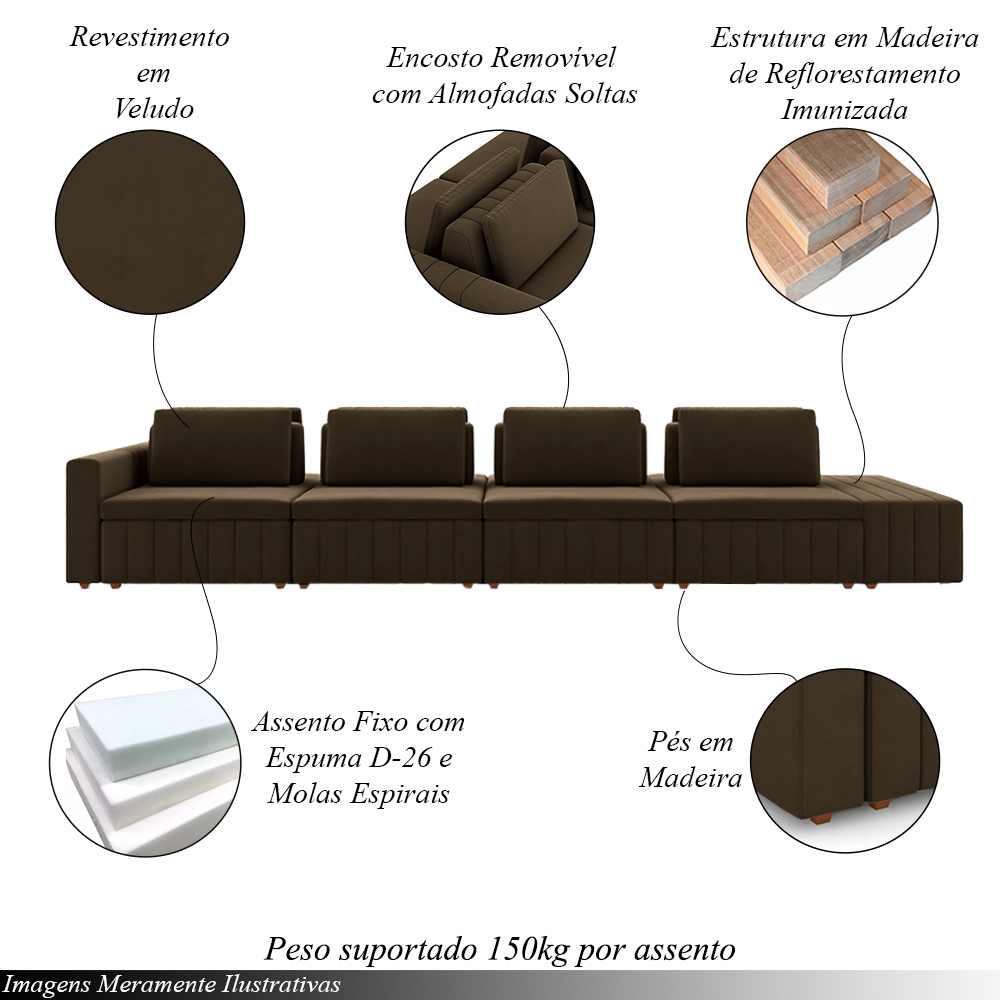 Sofá Ilha com Encosto e Almofadas Móveis Olimpo 425cm Modulado Veludo Marrom G45 - Gran Belo