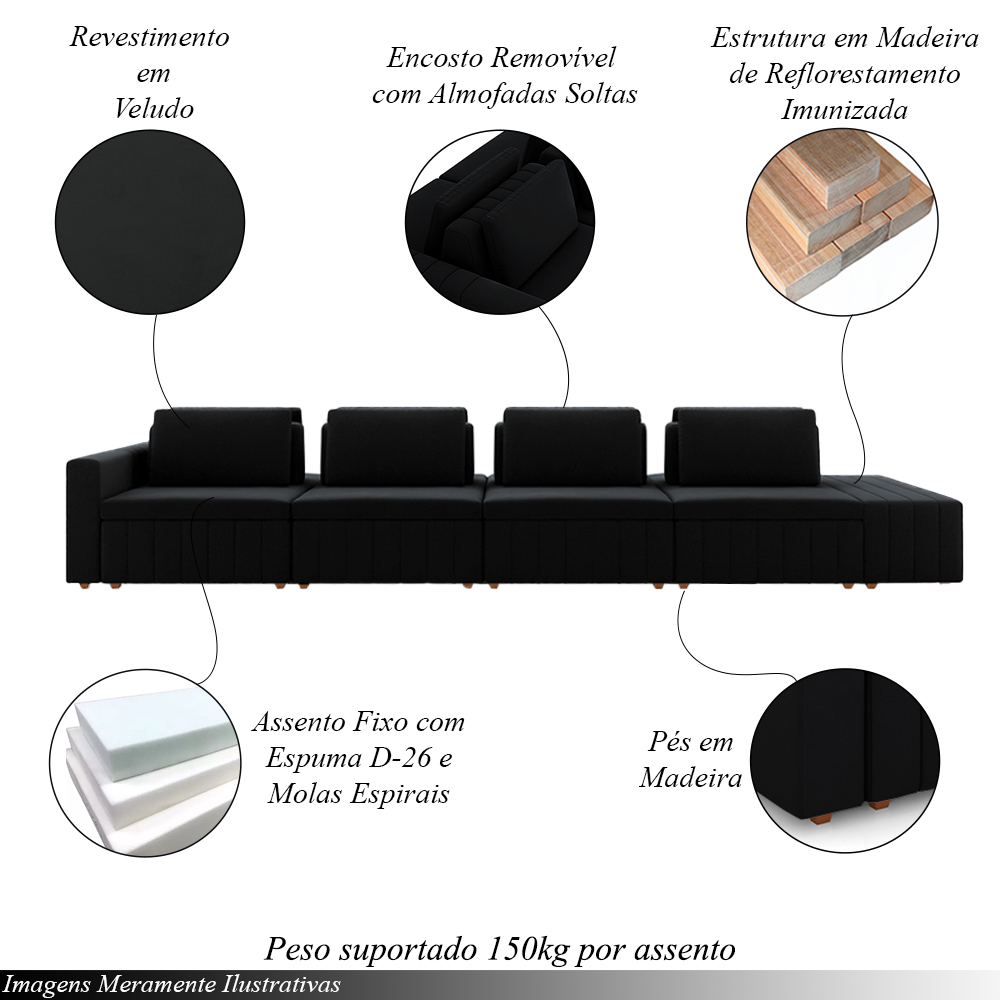 Sofá Ilha com Encosto e Almofadas Móveis Olimpo 425cm Modulado Veludo Preto G45 - Gran Belo