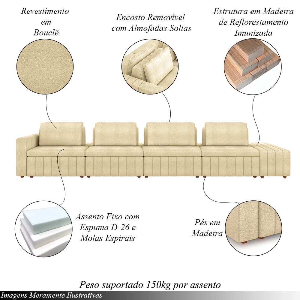 Sofá Ilha com Encosto e Almofadas Móveis Olimpo 465cm Modulado Bouclê Bege G45 - Gran Belo