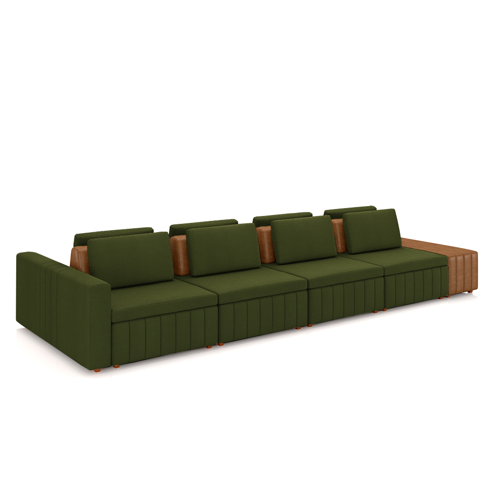 Sofá Ilha com Encosto e Almofadas Móveis Olimpo 465cm Modulado Linho/PU Verde/Caramelo G45 - Gran Belo