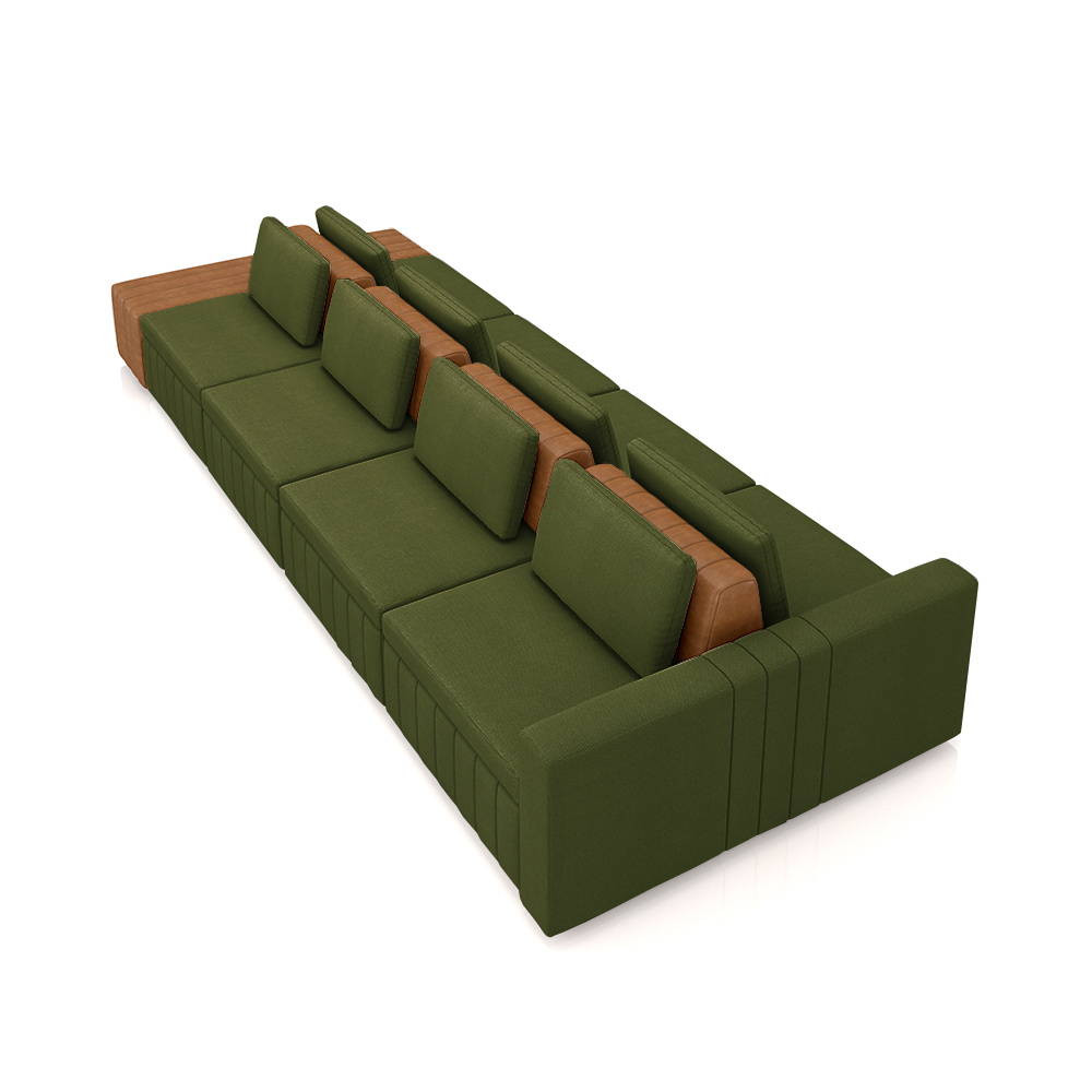 Sofá Ilha com Encosto e Almofadas Móveis Olimpo 465cm Modulado Linho/PU Verde/Caramelo G45 - Gran Belo