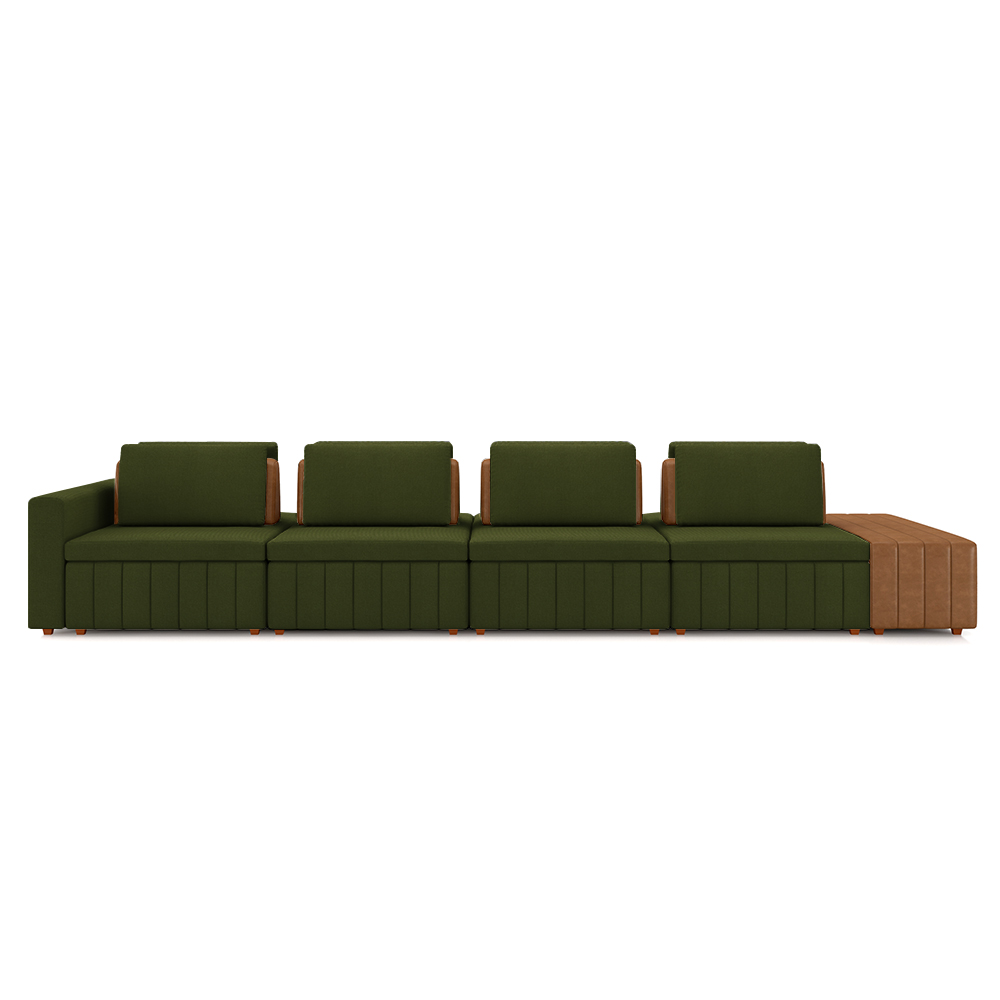 Sofá Ilha com Encosto e Almofadas Móveis Olimpo 465cm Modulado Linho/PU Verde/Caramelo G45 - Gran Belo