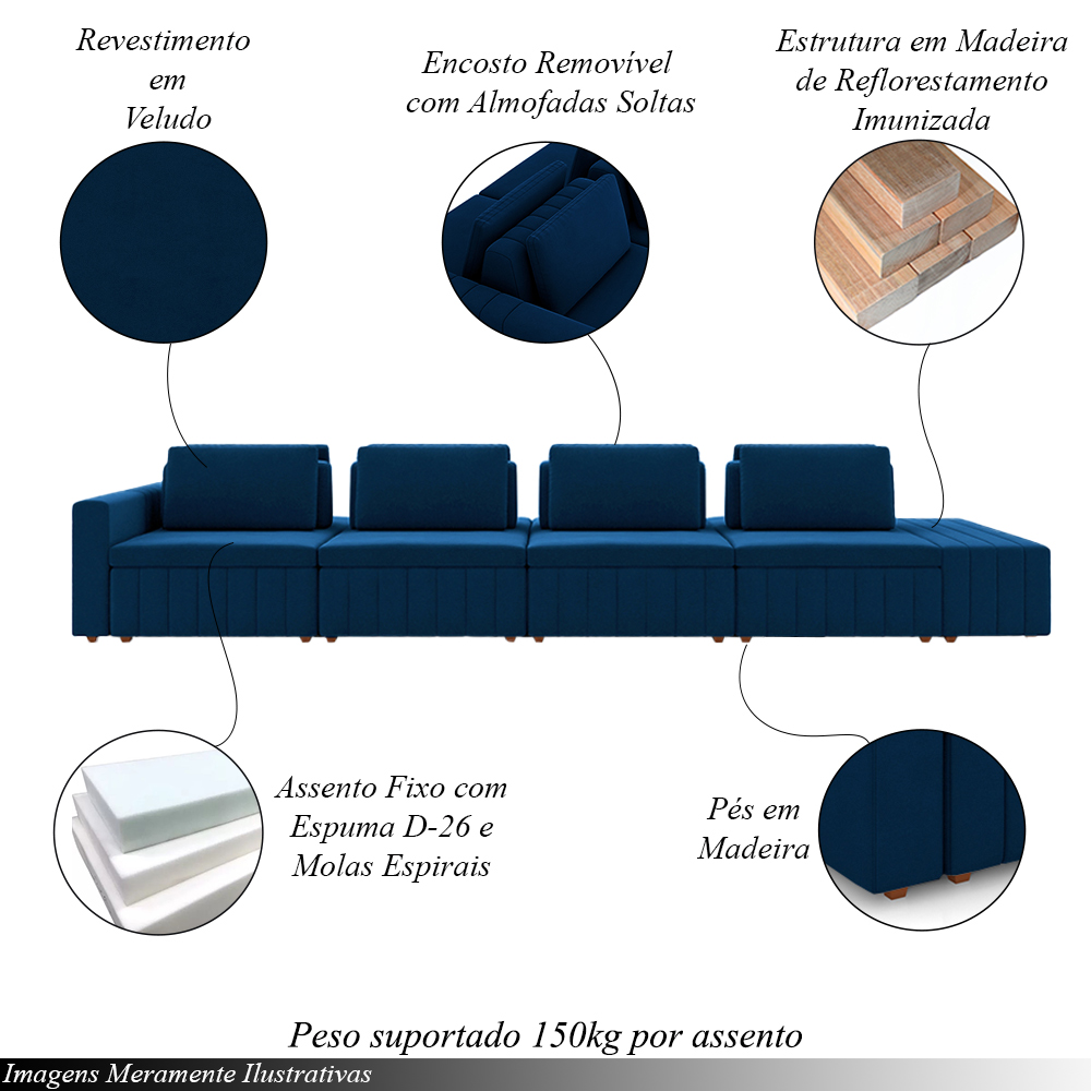Sofá Ilha com Encosto e Almofadas Móveis Olimpo 465cm Modulado Veludo Azul Marinho G45 - Gran Belo