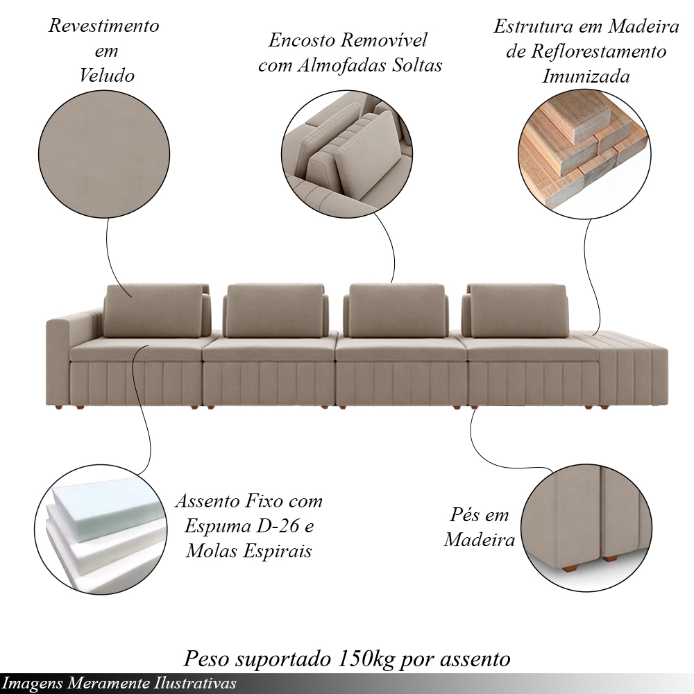 Sofá Ilha com Encosto e Almofadas Móveis Olimpo 465cm Modulado Veludo Bege G45 - Gran Belo