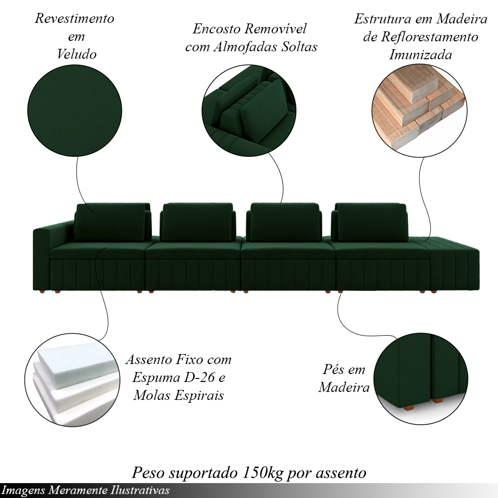 Sofá Ilha com Encosto e Almofadas Móveis Olimpo 465cm Modulado Veludo Verde G45 - Gran Belo