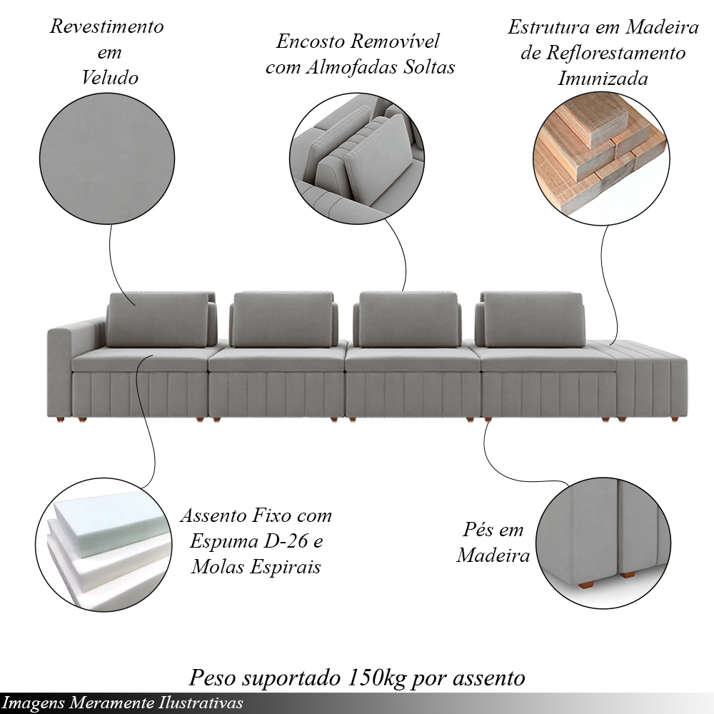 Sofá Ilha com Encosto e Almofadas Móveis Olimpo 505cm Modulado Veludo Cinza G45 - Gran Belo