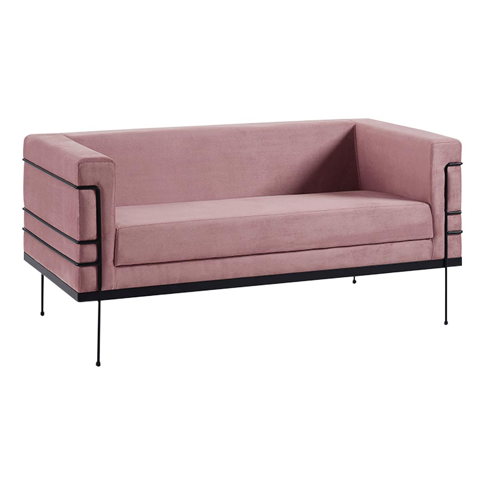 Sofá Jeanneret-Gris 2 Lugares Base de Aço Preto Veludo Rosa G17 - Gran Belo