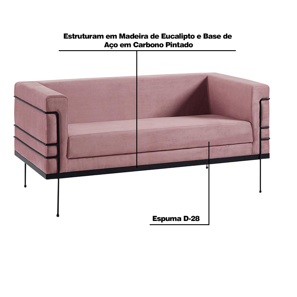 Sofá Jeanneret-Gris 2 Lugares Base de Aço Preto Veludo Rosa G17 - Gran Belo