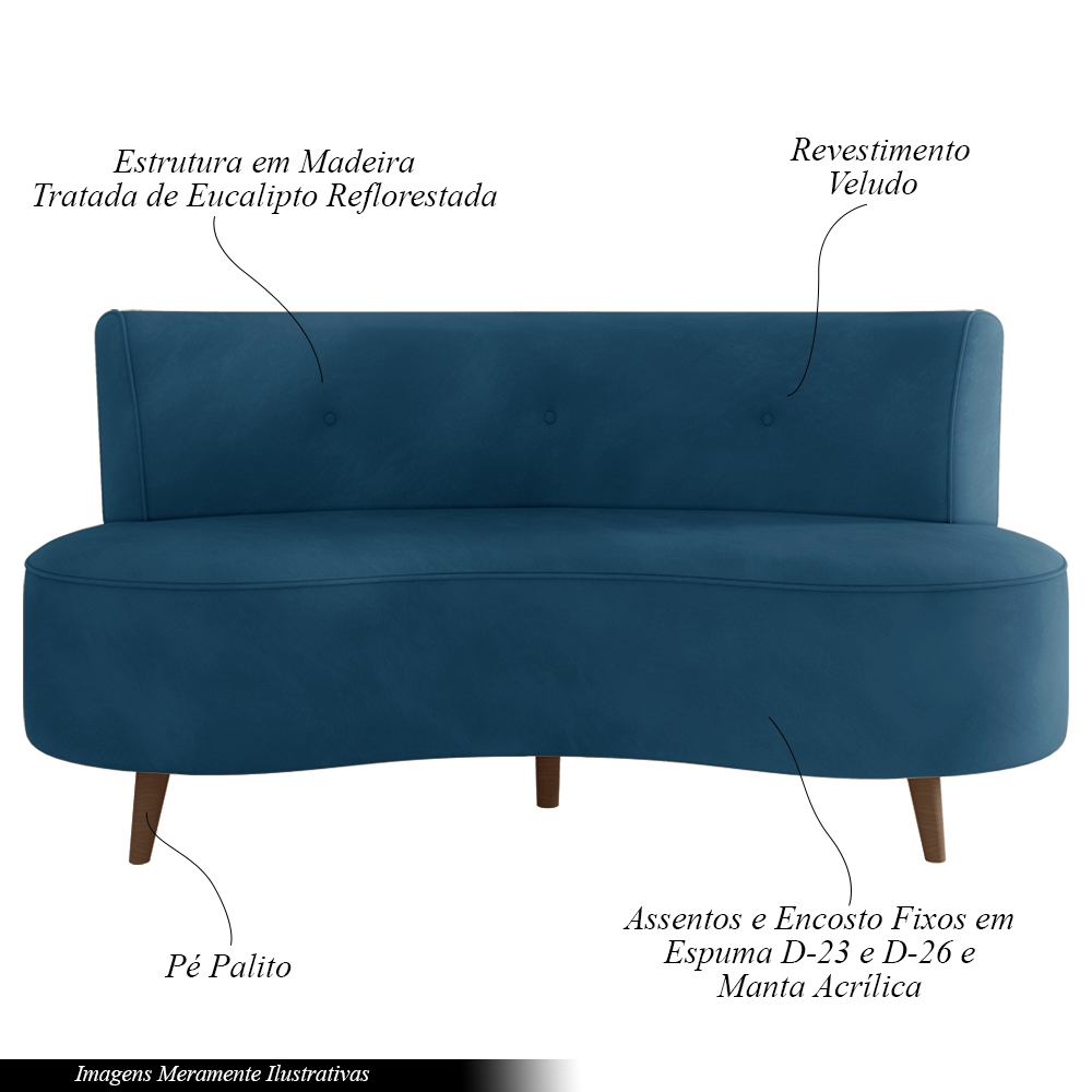 Sofá Living 2 Lugares 135cm Aang Pés Palito Veludo Azul Marinho G33 - Gran Belo