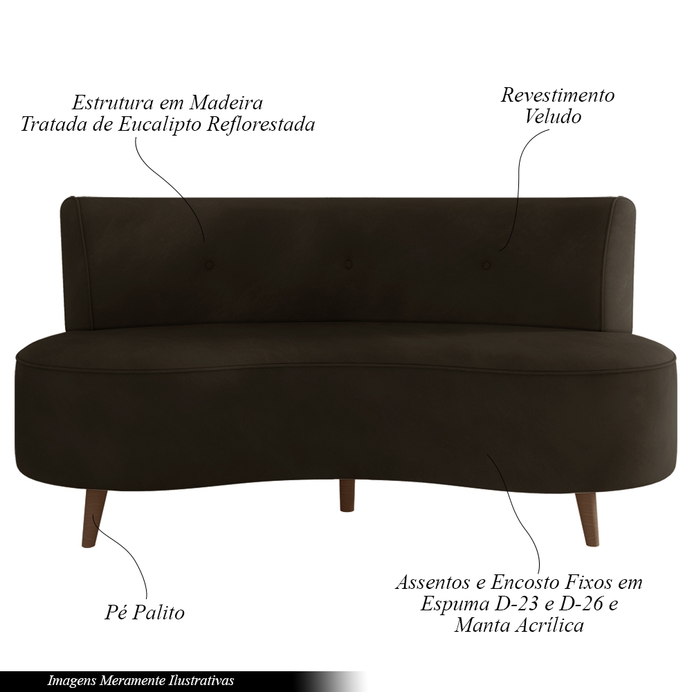 Sofá Living 2 Lugares 135cm Aang Pés Palito Veludo Marrom G33 - Gran Belo