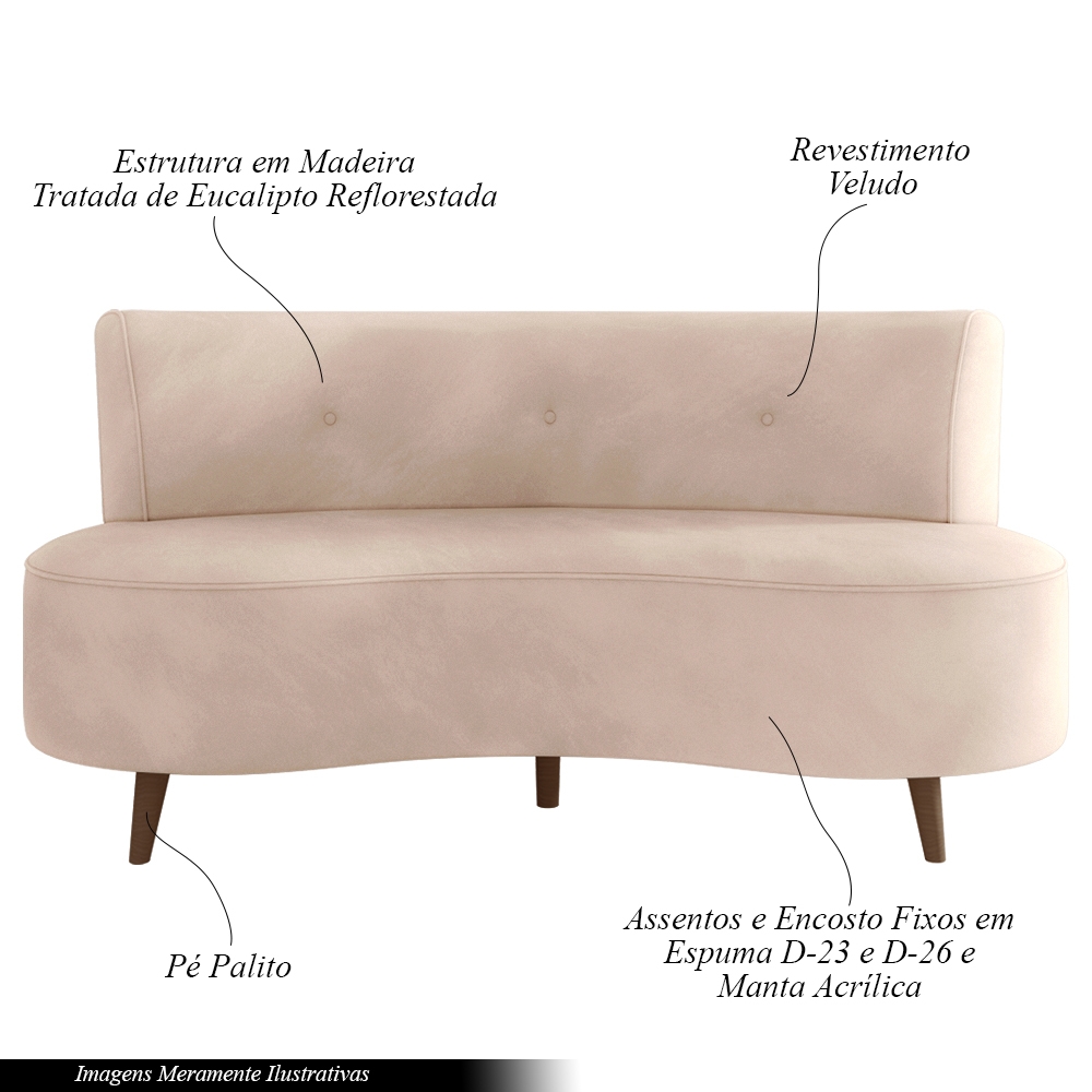 Sofá Living 2 Lugares 135cm Aang Pés Palito Veludo Rosê G33 - Gran Belo