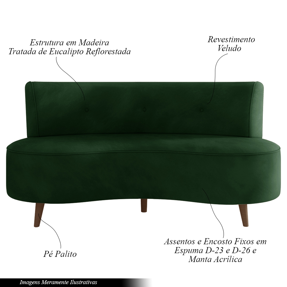 Sofá Living 2 Lugares 135cm Aang Pés Palito Veludo Verde G33 - Gran Belo