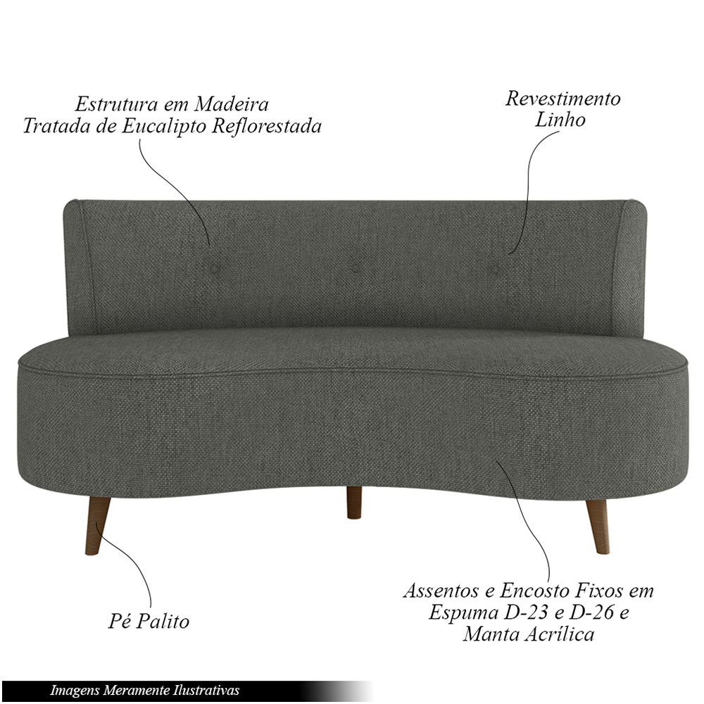 Sofá Living 2 Lugares 160cm Aang Pés Palito Linho Cinza Escuro G33 - Gran Belo