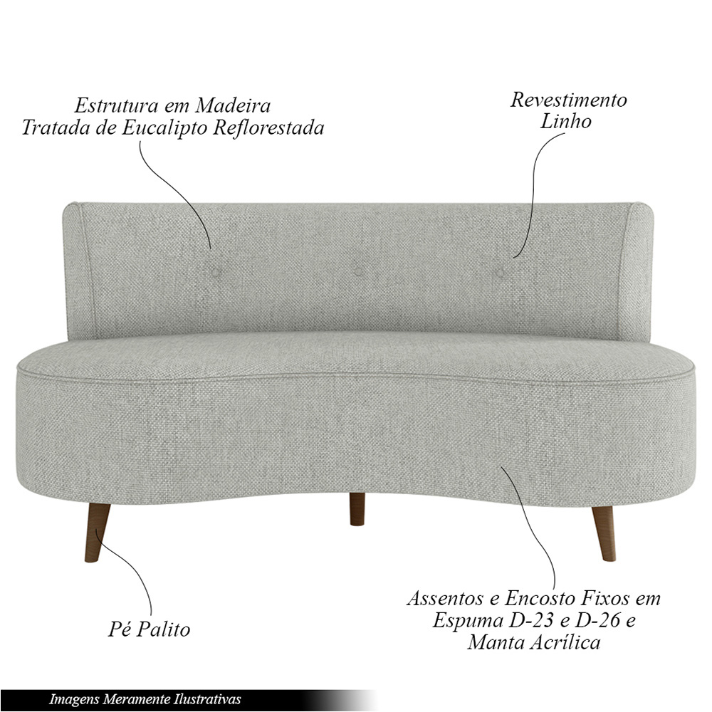Sofá Living 2 Lugares 160cm Aang Pés Palito Linho Cinza G33 - Gran Belo