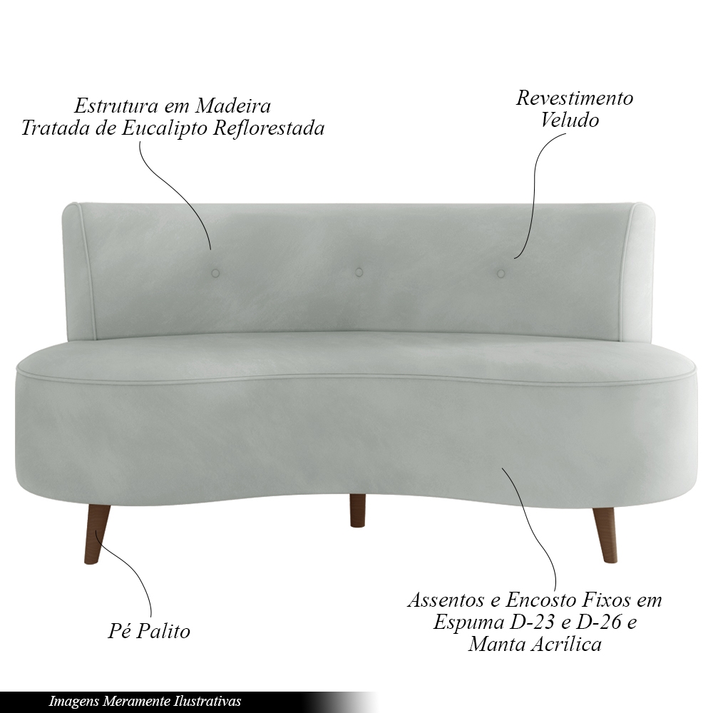 Sofá Living 2 Lugares 160cm Aang Pés Palito Veludo Cinza Claro G33 - Gran Belo