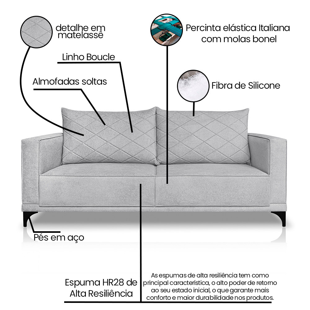 Sofá Living 2 Lugares com Pés de Ferro Almofadas Soltas 160cm Neso Bouclê Cinza G63 - Gran belo