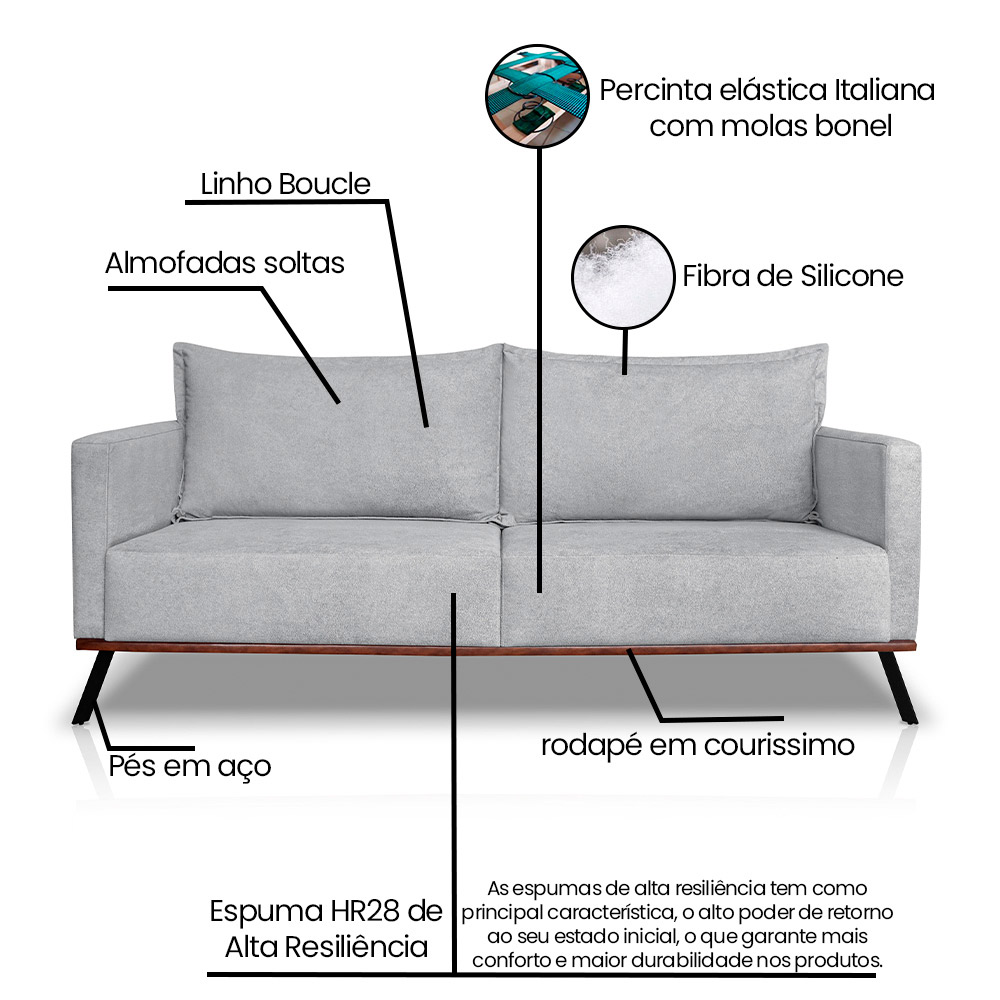 Sofá Living 2 Lugares com Pés de Ferro Almofadas Soltas 160cm Saiph Bouclê Cinza G63 - Gran belo