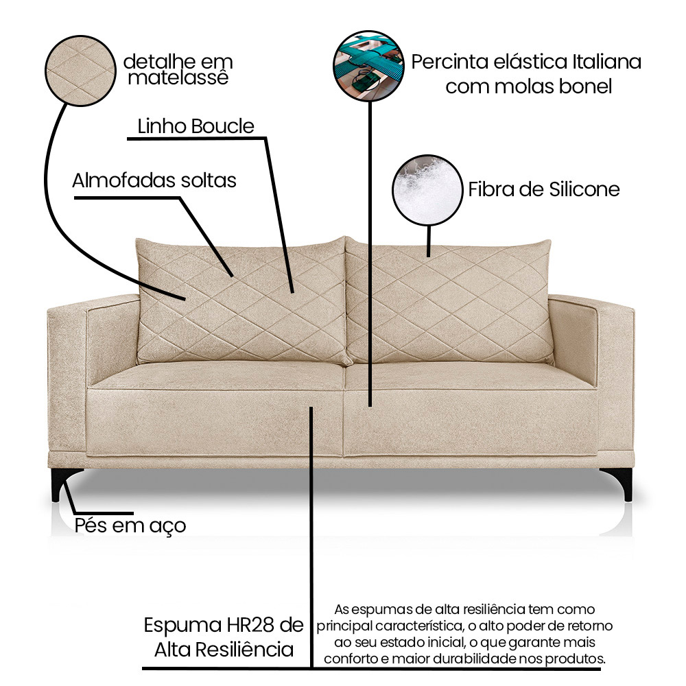 Sofá Living 2 Lugares com Pés de Ferro Almofadas Soltas 180cm Neso Bouclê Bege G63 - Gran belo