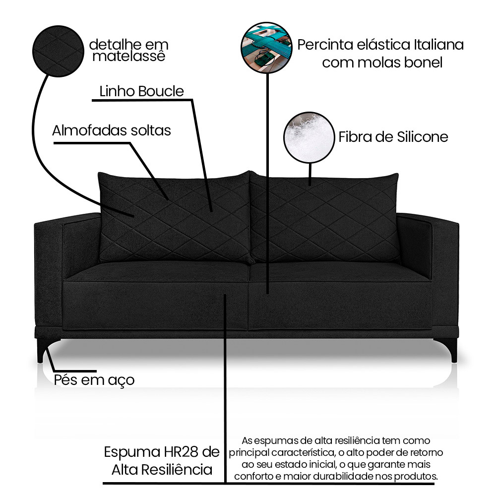 Sofá Living 2 Lugares com Pés de Ferro Almofadas Soltas 180cm Neso Bouclê Preto G63 - Gran belo