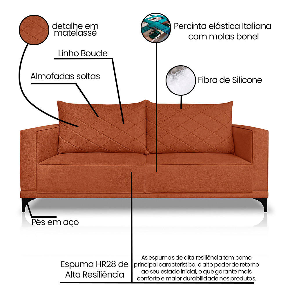 Sofá Living 2 Lugares com Pés de Ferro Almofadas Soltas 200cm Neso Bouclê Terracota G63 - Gran belo