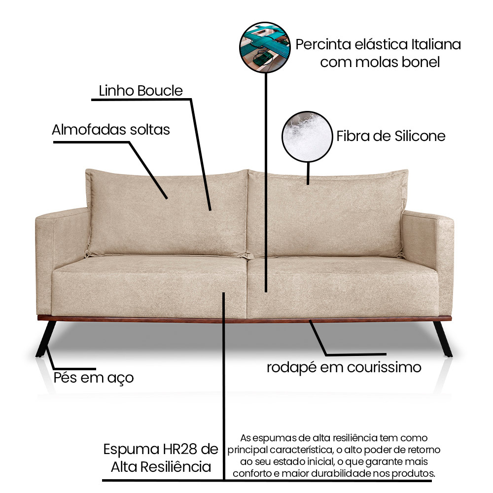 Sofá Living 2 Lugares com Pés de Ferro Almofadas Soltas 200cm Saiph Bouclê Bege G63 - Gran belo