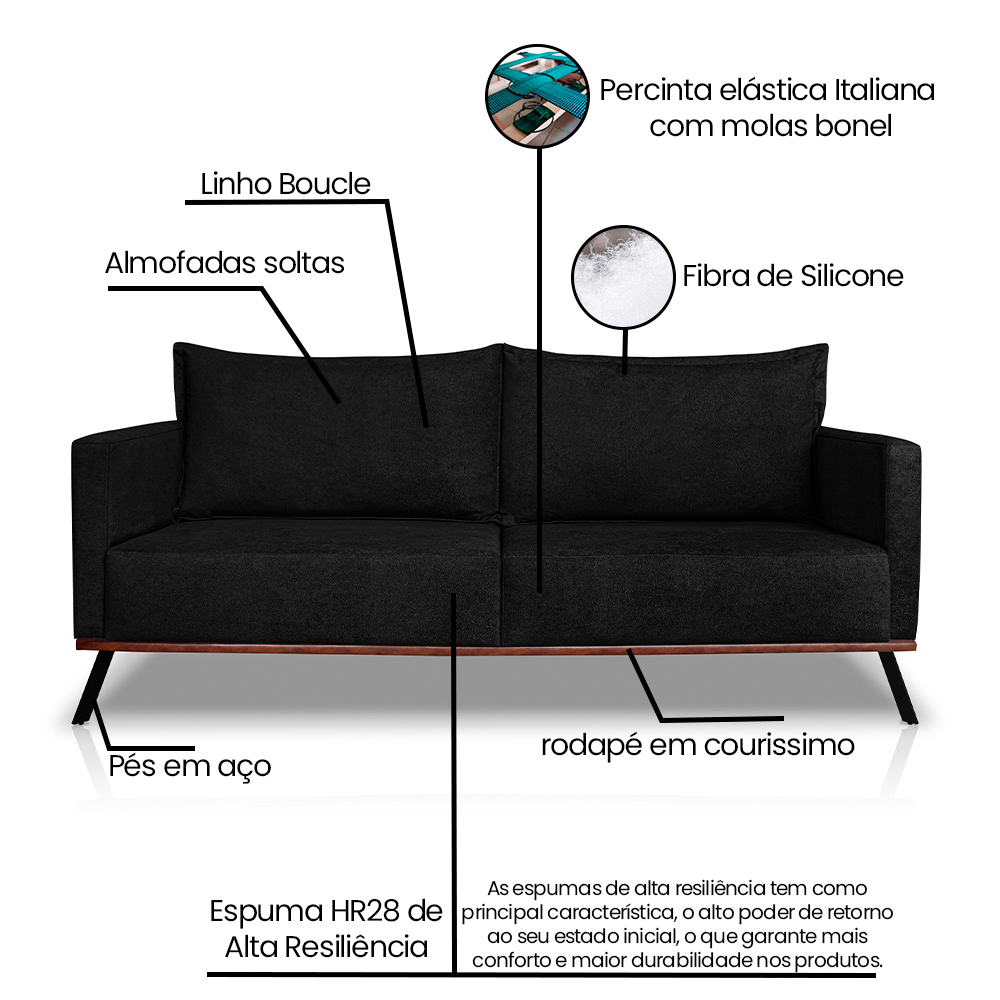 Sofá Living 2 Lugares com Pés de Ferro Almofadas Soltas 200cm Saiph Bouclê Preto G63 - Gran belo
