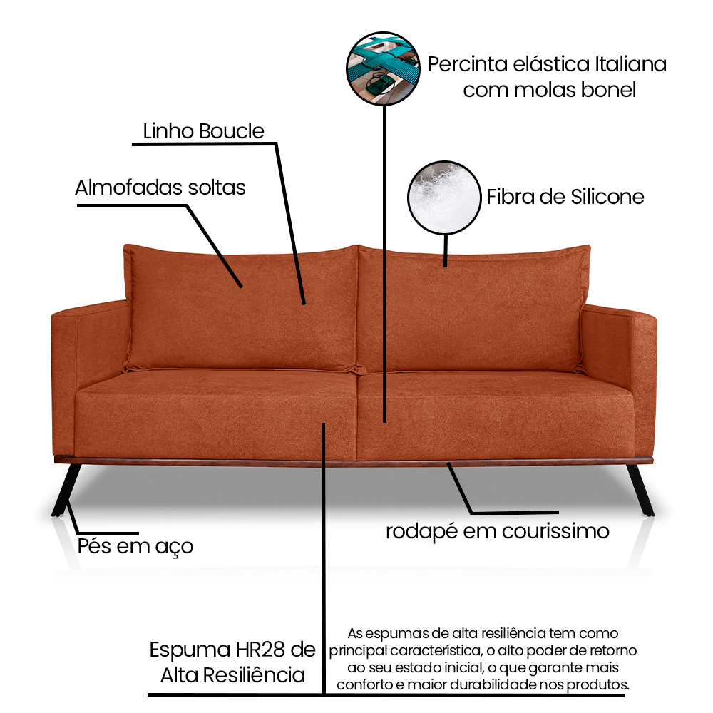Sofá Living 2 Lugares com Pés de Ferro Almofadas Soltas 200cm Saiph Bouclê Terracota G63 - Gran belo