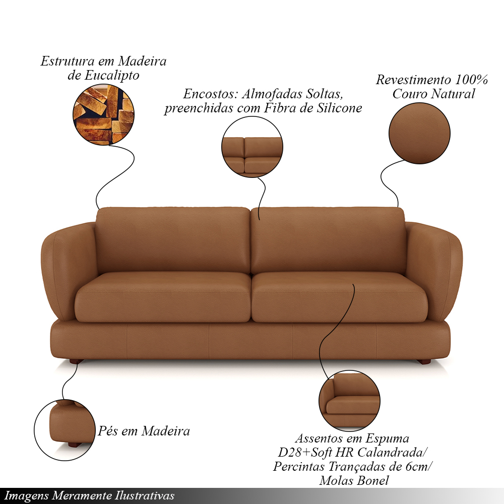 Sofá Living 3 Lugares 225cm Pés Madeira Dalian Couro Caramelo G52 - Gran Belo