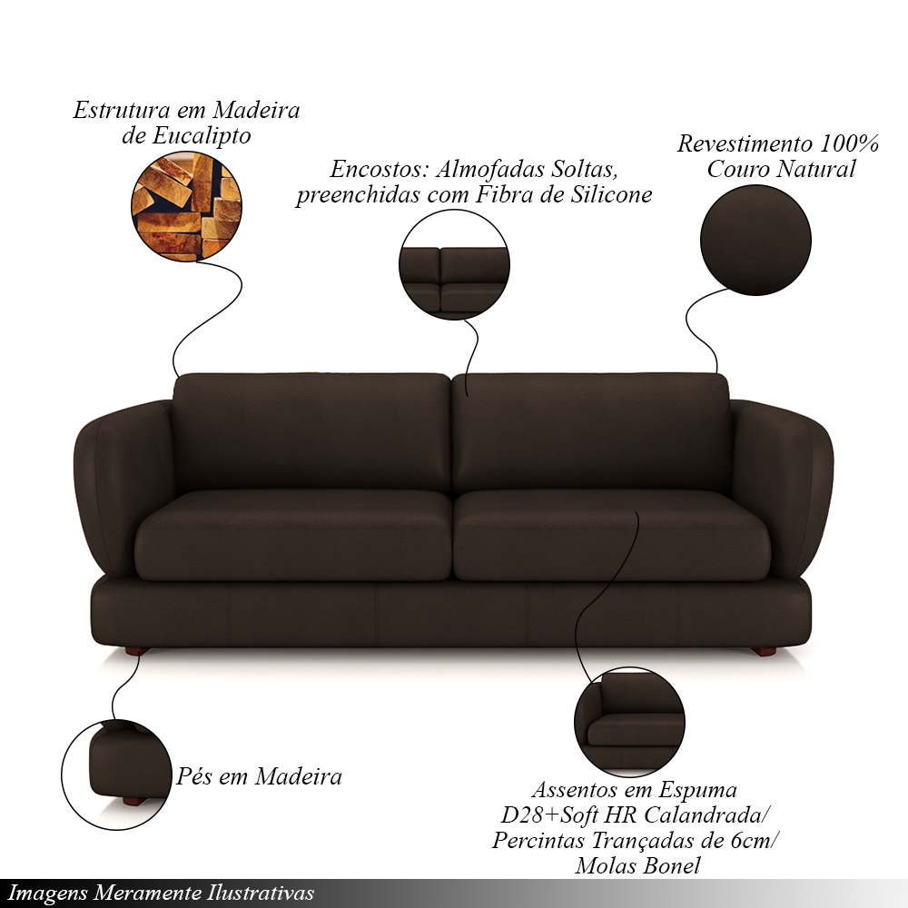 Sofá Living 3 Lugares 245cm Pés Madeira Dalian Couro Marrom G52 - Gran Belo