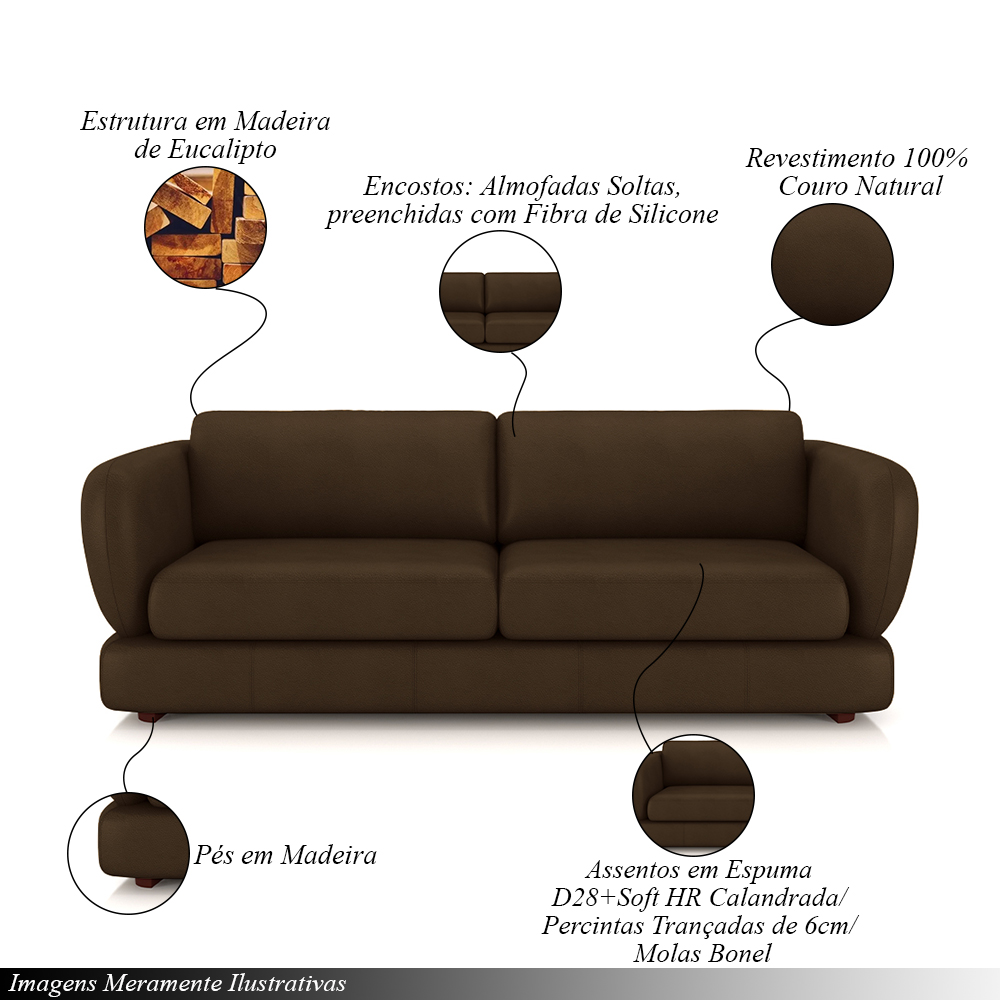 Sofá Living 3 Lugares 265cm Pés Madeira Dalian Couro Capuccino G52 - Gran Belo