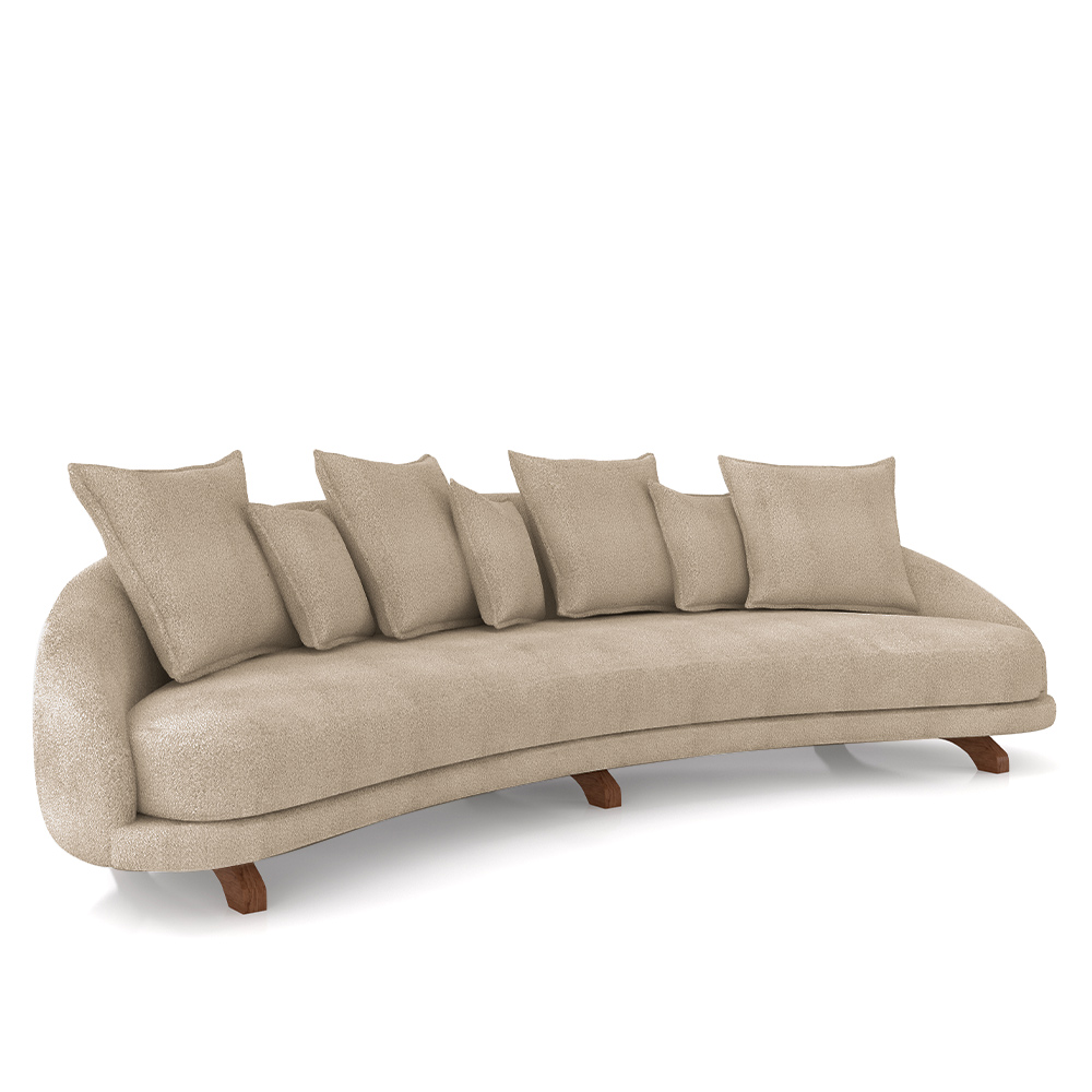 Sofá Living 3 Lugares 265cm Pés Madeira Morales com Almofadas Bouclê Bege Escuro G52 - Gran Belo