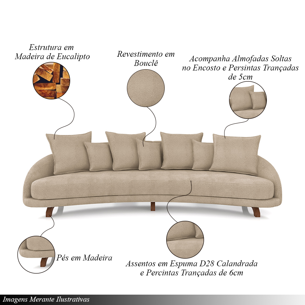 Sofá Living 3 Lugares 265cm Pés Madeira Morales com Almofadas Bouclê Bege Escuro G52 - Gran Belo