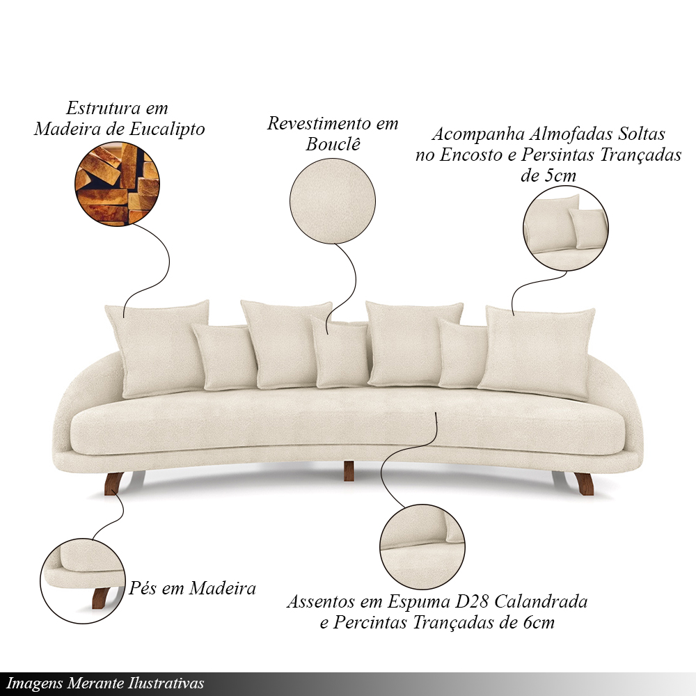 Sofá Living 3 Lugares 265cm Pés Madeira Morales com Almofadas Bouclê Bege G52 - Gran Belo