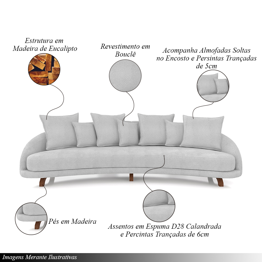 Sofá Living 3 Lugares 265cm Pés Madeira Morales com Almofadas Bouclê Cinza G52 - Gran Belo