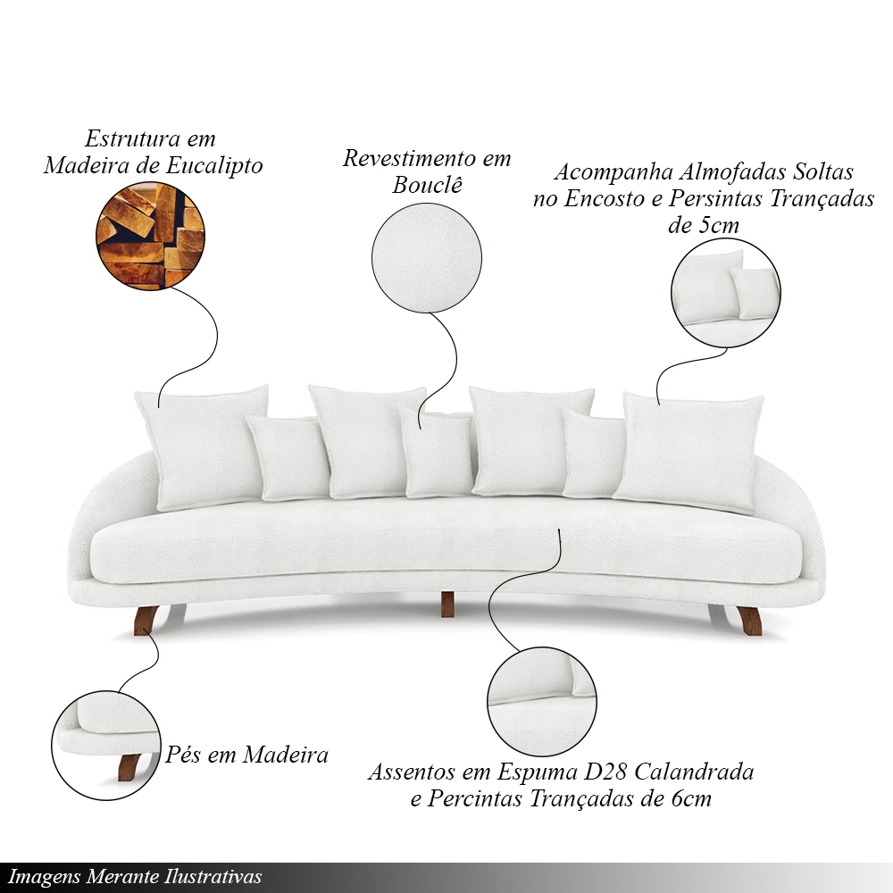 Sofá Living 3 Lugares 265cm Pés Madeira Morales com Almofadas Bouclê Off White G52 - Gran Belo