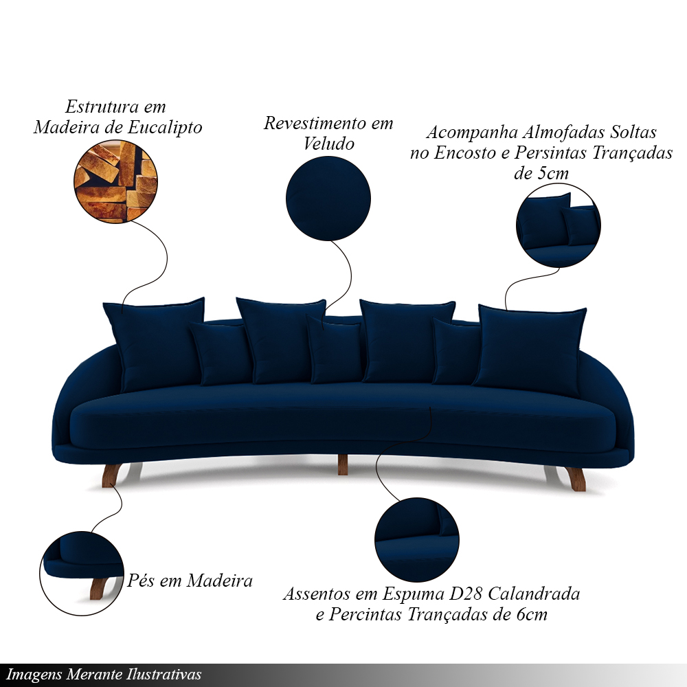 Sofá Living 3 Lugares 265cm Pés Madeira Morales com Almofadas Veludo Azul Marinho G52 - Gran Belo