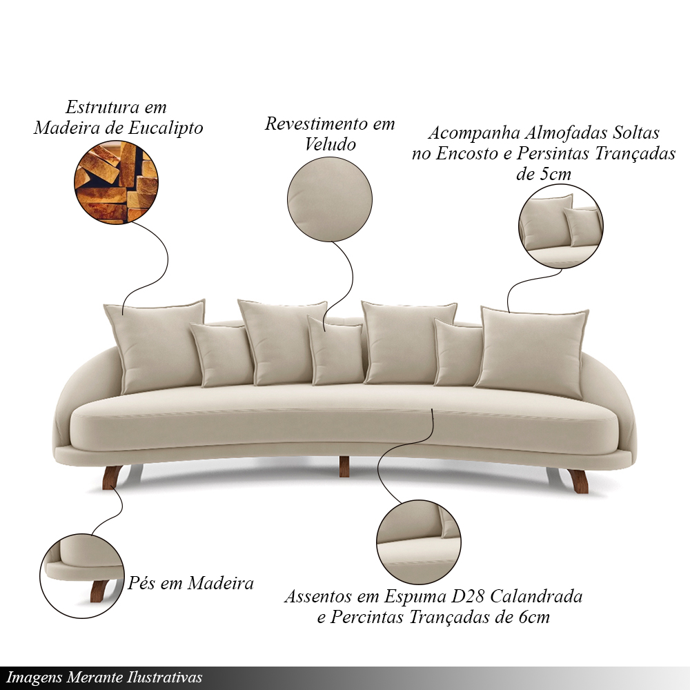 Sofá Living 3 Lugares 265cm Pés Madeira Morales com Almofadas Veludo Bege G52 - Gran Belo