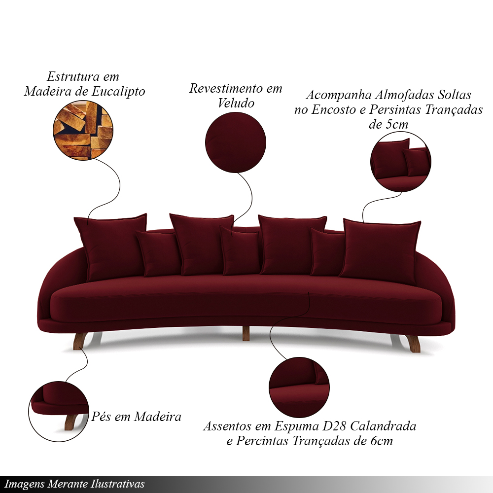 Sofá Living 3 Lugares 265cm Pés Madeira Morales com Almofadas Veludo Bordô G52 - Gran Belo