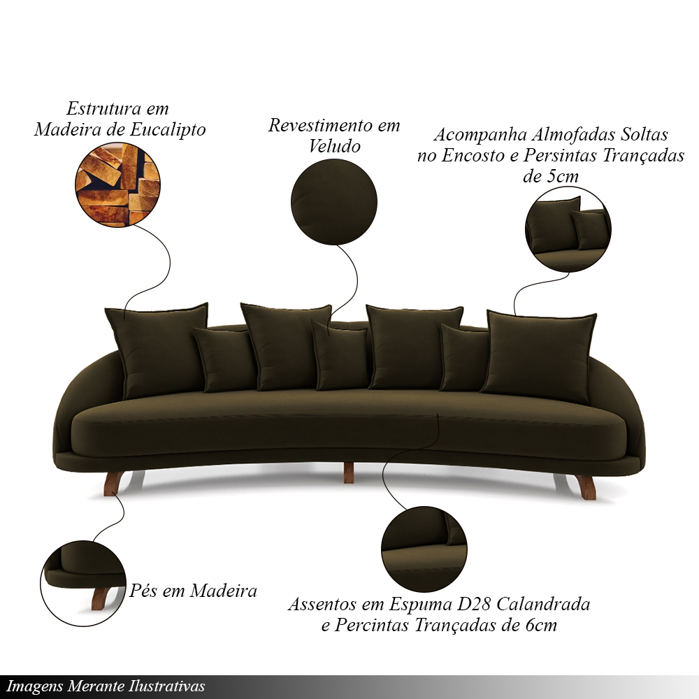 Sofá Living 3 Lugares 265cm Pés Madeira Morales com Almofadas Veludo Castor G52 - Gran Belo