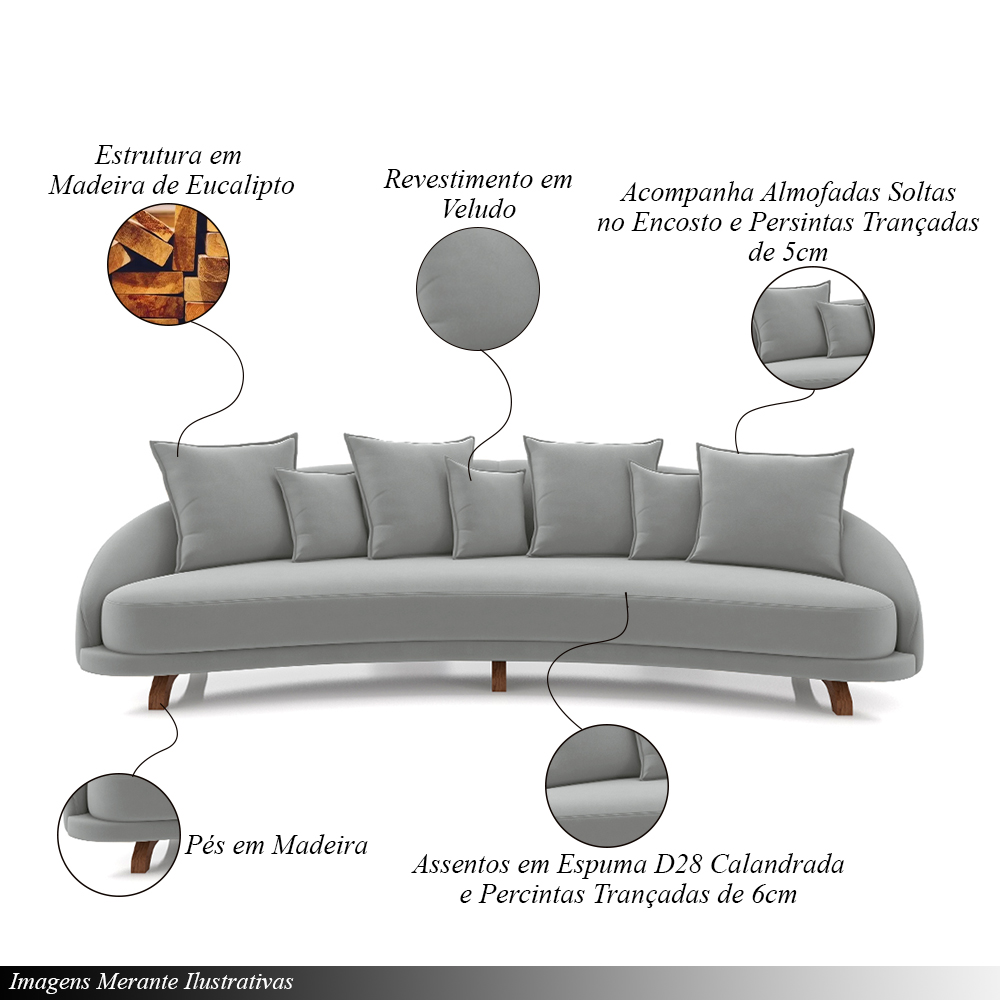 Sofá Living 3 Lugares 265cm Pés Madeira Morales com Almofadas Veludo Cinza G52 - Gran Belo