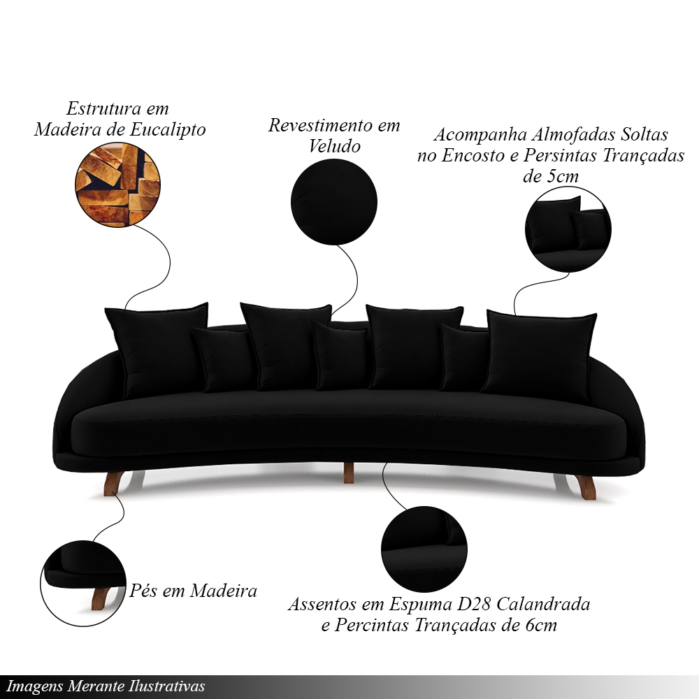 Sofá Living 3 Lugares 265cm Pés Madeira Morales com Almofadas Veludo Preto G52 - Gran Belo